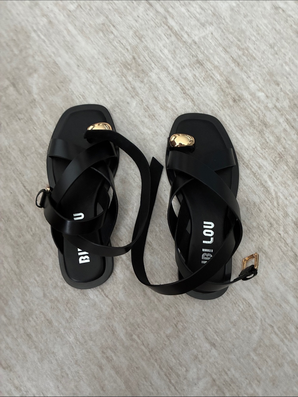 Bibi Lou Black Strappy Leather-Look Sandals with Gold Accent